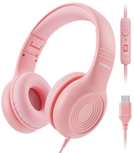 KONNAO Cuffie USB di tipo C per bambini, con cavo, con microfono, per ragazzi e ragazze, regolabili, 85 dB/94 dB, volume limitato (rosa)