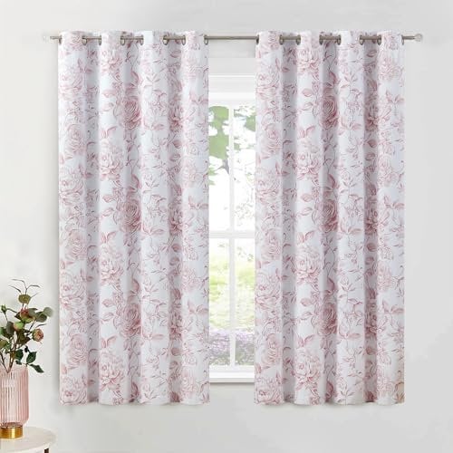 Beauoop Floral 100% Blackout Curtains 54 Inches Long 2 Panels for Bedroom Living Room Pink White Farmhouse Dusty Rose Flower Patterned Room Darkening Thermal Grommet Window Treatments Drapes, 50X54