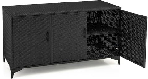 LIFEZEAL Rattan Auflagenbox 318 L, Outdoor Aufbewahrungskiste mit 6 Fächern, Aufbewahrungsschrank Aufbewahrungsbox, Gärtnerschrank für Garten, Hof, 135 x 50 x 70,5 cm (Schwarz)