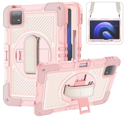ERDARARIPRO Custodia per tablet Xiaomi Pad 6 da 11 pollici, custodia antiurto con supporto girevole a 360° e cinturino da polso, tracolla oro rosa