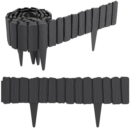 Aufun 4,6m Holzoptik Beeteinfassung zuschneidbar Beetumrandung Rasenkante Palisadenzaun Holzzaun klein Beetbegrenzung Palisaden Deko Gartenpalisade Beetzaun (Anthrazit)