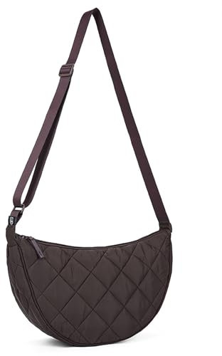 Halbmond Crossbody Bag Damen Umhängetasche Mittelgroß Nylon Gesteppte Tasche Damen Puffer Bag Hobo Shopper Tasche Schultertasche mit Verstellbarem Schultergurt für Uni Arbeit Reisen Alltag (Kaffee)