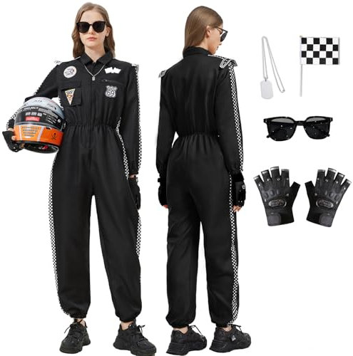 Joellfuner Rennfahrer Kostüm Damen, Rennfahrer Anzug Overall Jumpsuit für Erwachsene, Racer Overall Rennwagenfahrer Kostüm mit Handschuhen, Sonnenbrille für Karneval