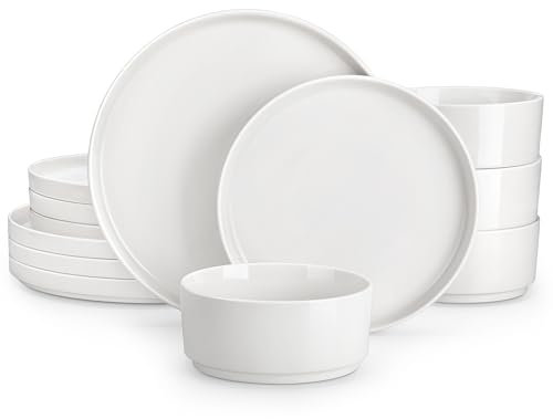 MALACASA, Geschirrset 4 Personen, 12-teiligs Porzellan Tafelservice Geschirr set Weiß, Geschirr set aus 4x Dinnerteller, 4x Dessertteller, 4x Müslischalen, Serie LEXI