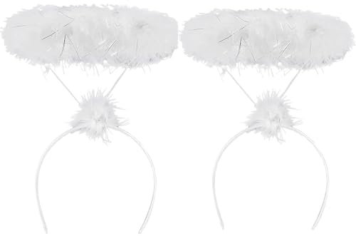 Dinghaole Weißer Engel-Halo-Reifen, Engel-Stirnband, Feder-Engel-Haarring, flauschiger Halo-Stirnband, Lametta-Halo, Engel-Kostüm-Zubehör für Erwachsene, für Weihnachten, Halloween, Geburtstag