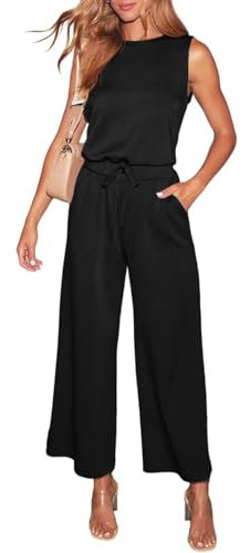 LACOZY Jumpsuits for Women Dressy Summer 2025 Casual Rompers Crewneck Drawstring Clothes One Piece Outfits with Pockets Black S