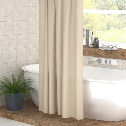 Cortina de Ducha Impermeable 100% Poliéster – Secado Rápido, Fácil Instalación con Presillas y Botones, 140x180 o 180x200 cm – 7 Diseños Estampados y 4 Colores Lisos. (Lisa Beige, 140x180 cm)