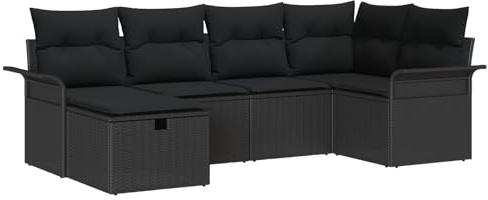 vidaXL Garten-Sofa-Set mit Kissen 6 pcs Schwarz Poly Rattan, Modular Rattan-Sofa-Set für 5 Personen, Outdoor-Sitzgelegenheit, wetterfestes Design, verstellbare Füße
