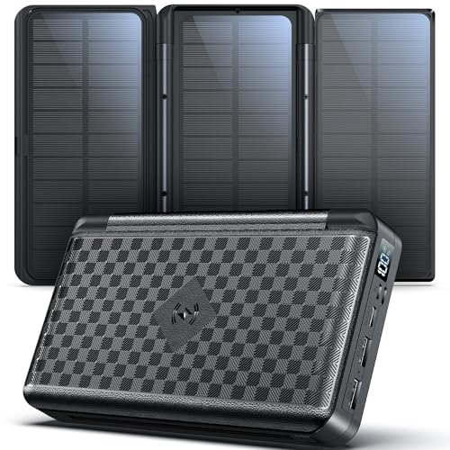 63200mAh Solar Power Bank, Wireless Powerbank mit 3 Solarpanel Faltbar, 22.5W PD Schnellladung, 5 Anschlüsse, 5 Ausgängen, Flashlight, Display, Solar Akku Powerbank Groß für Camping Outdoor (Schwarz)