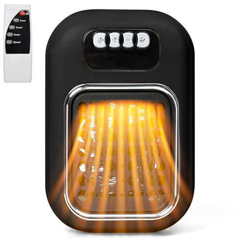 TirEurt Plug in Heater 600w Remote Wall Outlet Space PTC Ceramic Heater 1-12H Timer and LED Display Adjustable Thermostat for Bedroom Office Kitchen Auto Shut Off,Black