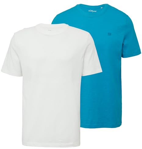 s.Oliver Herren T-Shirt Flammgarn Rundhals Kurzarm (DE/NL/SE/PL, Alphanumerisch, L, Regular, Regular, weiß/türkis)