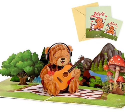 Glamifyr Pop Up Karte Geburtstag Teddybär,3D Geburtstagskarte Liebe,Geburtstagskarte Frau,Pop Up Karte Teddybär Spielt Gitarre mit Umschlag und Grußkarte,für Geburtstag,Valentinstag,Jahrestag