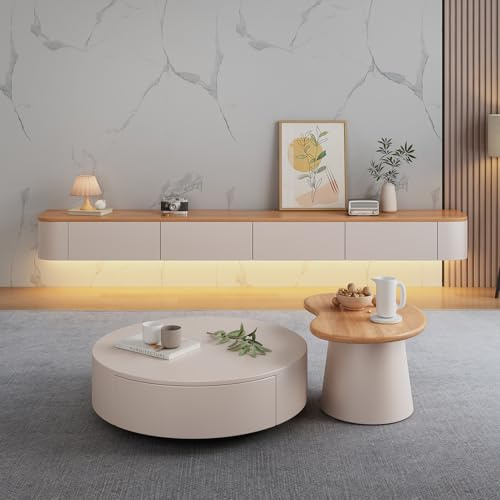 Btsunotr Schwebender TV-Schrank - Wandmontierte Home Storage Cabinet Mit Türen, Entertainment Media Console, Massivholz, Modernes Wohnzimmer, Runder Eck-TV-Schrank (Two-Tone+New, 140cm)
