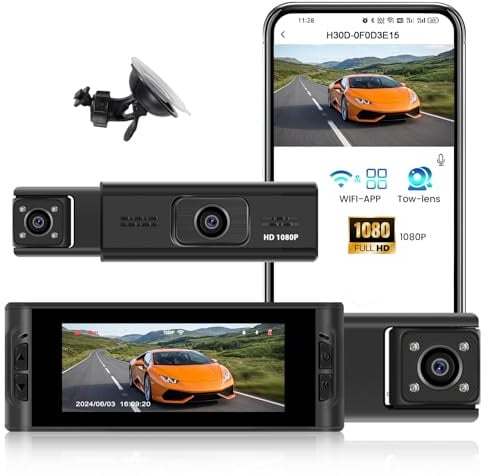 CAMECHO 3.16 Dashcam para coche, delantera e interior, cámara de coche Full HD 1080P, lente doble ajustable, cámara de salpicadero para coche, detección de movimiento, gran angular de 150°, grabación