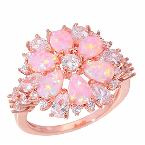 Aufwendige große rosa Feueropal-Ringe mit Stein, roségoldene Farbe, klare Kristallblume, Flora, Kirschblüten-Schmuck, Damen- und Mädchenschmuck