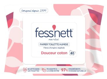 fess'nett - Papier Toilette Humide - Jetable WC - Coton - 40 Feuilles | 40 Feuilles - 100% Fibres Végétales FSC - 97% Ingrédients d'Origine Naturels - PH Intime - Sans Parfum ni Parabène - Doux -