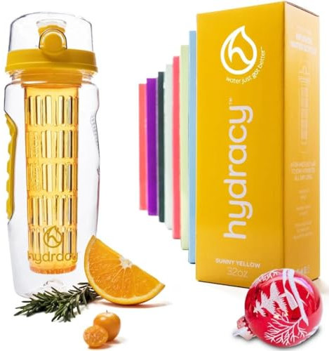 Hydracy Bouteille à Infusion de Fruits avec Etui Long Infuseur et Indicateur de Temps - Grande capacité 1Litre - Sans bisphénol A - Votre Hydratation Santé avec du Goût! Jaune