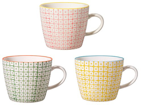 Bloomingville Tassen mit Henkel Carla Spring Retro Kaffeetasse Teetasse Vintage dickwandige ø 9,5 x H 8 cm, rosa grün gelb, Keramik, 3er Set, fasst ca. 280 ml
