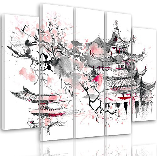 Feeby. Leinwandbild - 5 Teile - Bilder, Wand Bild, Wandbilder, Kunstdruck XXL, 5-Teilig, Typ B, 200x100 cm, JAPAN, ARCHITEKTUR, GRAU