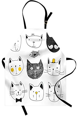 ABAKUHAUS Katze Kochschürze, Katzen mit Fisch, Unisex-Küchenlätzchen mit verstellbarem Hals für Kochen Gartenarbeit, 67 cm x 80 cm, Gelb Schwarz