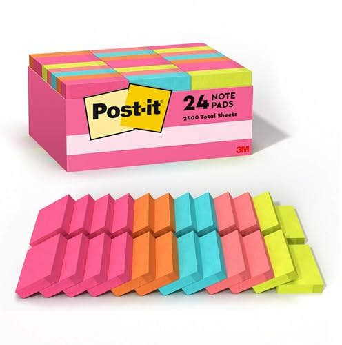 Post-it Mini-Notizen, 3,5 x 4,5 cm, 24 Blöcke, Amerikas Nr. 1 Favorite Haftnotizen, Poptimistische Haftnotizen, Post-it Notes, Power-Pink, Aquablau, Vitalorange, Neongrün, Guavenrosa