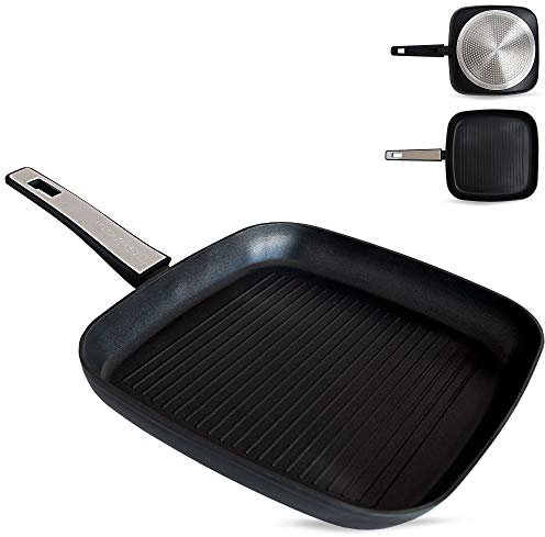 Quttin - Parrilla Asadora Antiadherente de inducción Titan con Mango. Para todo tipo de cocinas. Aluminio Recubierto con PFLUON Doble Capa. Resistente Duradera Calidad. Parrilla Cuadrada 28 cm