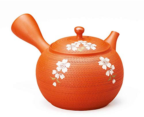 Tetera Japonesa Kyusu Ronda, Cerámica Tokoname Tradicional, 320cc, Naranja y Flores de Cerezos Shidarezakura Tamahikari, con filtro incorporado, Hecho en Japón