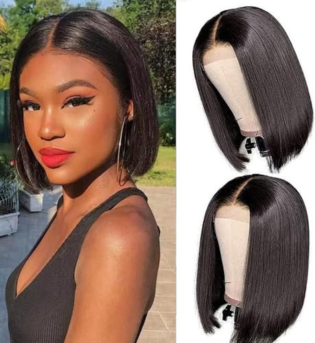 PORSMEER Perücken für Frauen dunkelbraunes Haar gerade Bob Perücke Handgebundene hitzebeständige Haaranleitung Schulterlänge natürlicher Mittelteil Lace Front Wig(12 Zoll)