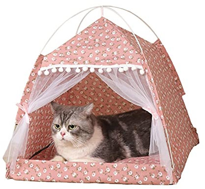 Lit de tente pour animaux de compagnie Nid de chat Tente de chat semi-fermée Abri de cabane pour animaux de compagnie avec porte moustiquaire Tente de chat pliante portable Lit de chaton Hut Lit chat
