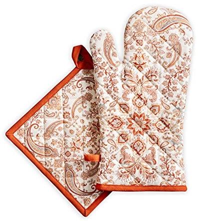 Maison d' Hermine Cachemire Ensemble de Gants de Four de (19cm x 33cm) et maniques de (20cm x 20cm), 100% Coton, pour Barbecue, Cuisson, Four, Micro-Ondes, grillades, Thanksgiving, Noel