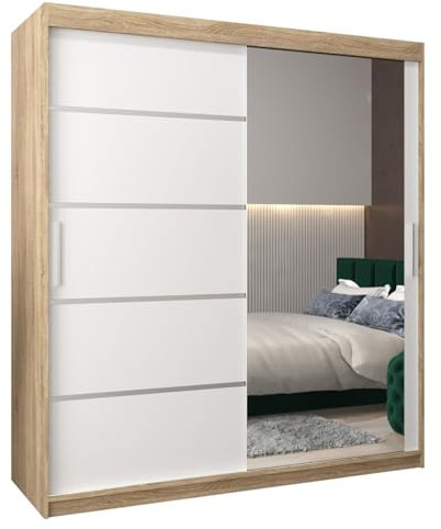 MEBLE KRYSPOL Kleiderschrank mit Spiegel Verona 2 - Garderobenschrank - Schrank Schlafzimmer - Mehrzweckschrank Zwei Schiebetüren - Regalen - Flur Möbel - Kleiderstange Schrank - Allzweckschrank