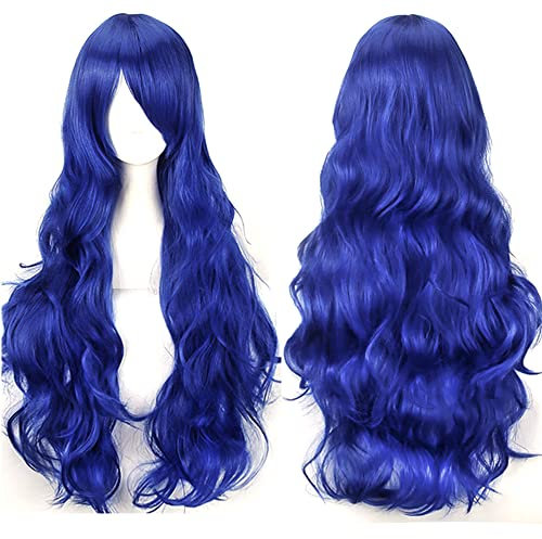 YEESHEDO Blau Cosplay Perücke für Frauen Langes Gewelltes Haar Synthetische Perücken mit Pony für Halloween Party Kostüm Anime 32 Zoll 80 cm