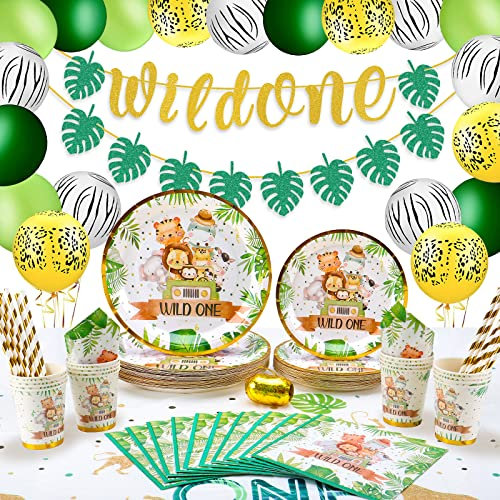 Wild One Jungle Birthday Party Tableware Set Jungle Safari Wild One Party Paper Plates Cups Napkins Jungle Safari Wild One Birthday Party Supplies Decorations for 16 Guests