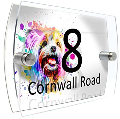 House Number Plaque Sign Door Road Plate for Dog Lovers Personalised Watercolour Print (D440 Yorkshire terrier)