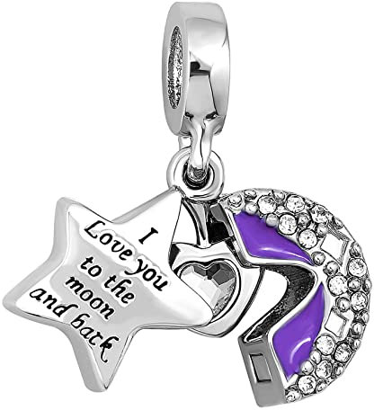 LSxAB Breloque en forme de lune et d'étoile avec inscription « I Love You To The Moon and Back » compatible avec les bracelets Pandora, Cuivre, Pas de gemme