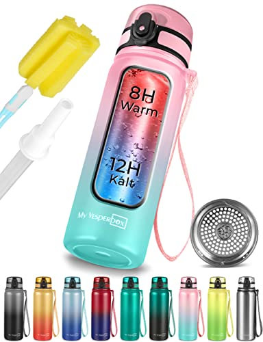 My Vesperbox - Edelstahl Thermos Trinkflasche auslaufsicher - mit Strohhalm oder Sieb - 400 ml, 600ml - BPA FREI - für Kindergarten, Schule (Rosa - Türkis, 600 ml)