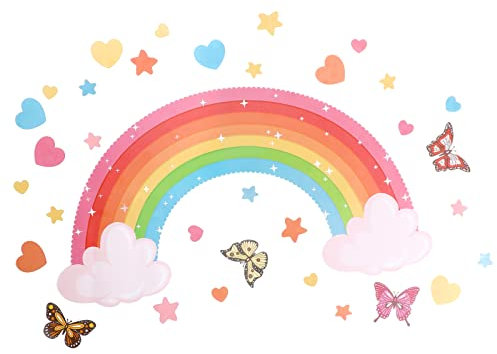 1 Set Large Rainbow Wall Stickers with Butterflies Stars Hearts Rainbow Wallpaper Colorful Star Clouds Decals for Kids Removable Baby Nursery Girls Bedroom Art Decoration