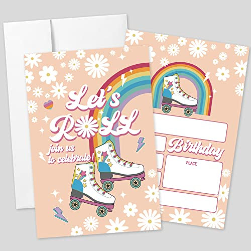 AEHIE 20 Sets Rollschuh-Geburtstagsparty-Einladungen mit Umschlägen, Retro-70er-Jahre-Regenbogen-Gänseblümchen, doppelseitig, bedruckt, Einladungskarten für Mädchen, Rollschuh-Geburtstagseinladungen