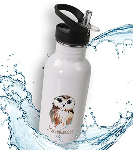 timalo® Trinkflasche für Kinder personalisiert mit Namen | auslaufsichere Edelstahl Sportflasche Kindergarten mit Tieren Geschenk für Jungen und Mädchen 600mL | 23-Eule