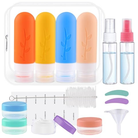 Vexillic Kit de 16 Bouteilles de Voyage Silicone Rechargeables avec Trousse – Bouteilles pour Shampoing, Crème, Cosmétiques – Idéal Voyage en Avion et Soins Personnels. Pratique et Compact. (Orange)