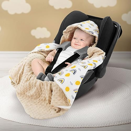 Joyz Einschlagdecke mit Kapuze, Regenbogen mit beigem Minky, 100% Baumwolle, 84x84 cm, Doppelseitig, Universal für Babyschale, Autositz, Kinderwagen oder Buggy, Kuscheldecke Ganzjahresdecke Babydecke