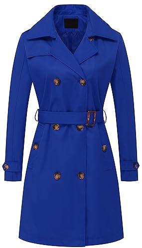 Chrisuno Damen Zweireihiger langer Trenchcoats mittellanger Mantel mit Gürtel Kleid Jacke mit abnehmbarer Kapuze, Königsblau, XXX-Large