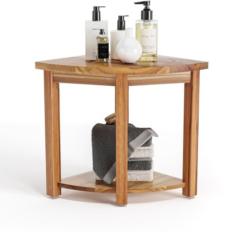 Smart FENDEE Panca da doccia in teak da 43,2 cm, con ripiano portaoggetti, sgabello angolare per gambe da barba, sgabello da doccia impermeabile in teak con tappetino antiscivolo, per bagno, spa, uso