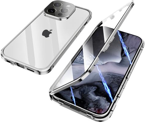 ksscaly Hülle für iPhone 15 Pro, 360 Grad Schutz Case mit Safty Lock Magnetische Adsorption Metallrahmen Cover Vorder und Rückseite Gehärtetes Glas Handyhülle für iPhone 15 Pro (Silber)