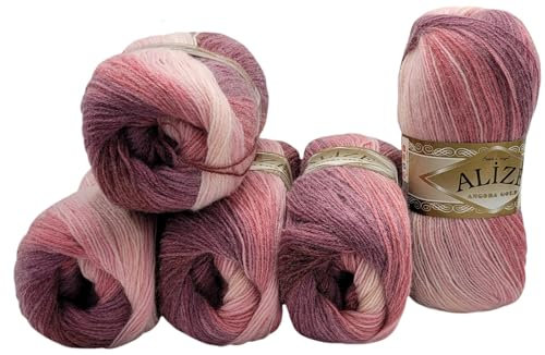 5 x 100 g Strickwolle Angora gold mehrfarbig mit Farbverlauf, 500 Gramm Strickgarn mit 20% Wolle-Anteil (beere rosa lila 1895)