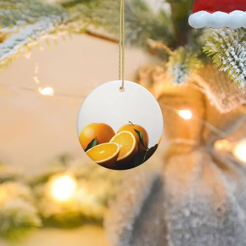 Frische Orangen Druck Weihnachtsschmuck Weihnachtsbaum Keramik Hängend mit Goldband Runde Form Ornament Porzellan Weihnachtsbaum Ornament Dekorationen