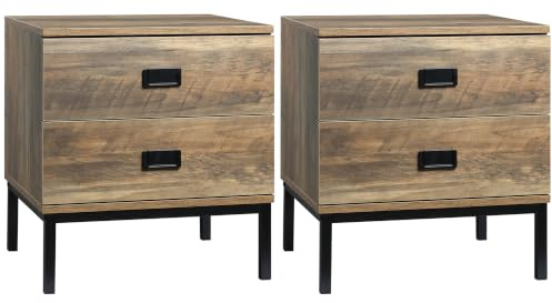 HOMCOM 2 PC Retro Bedside Table, End Side Table with 2 Drawers, Metal Frame | Bedroom, Living Room, Coffee