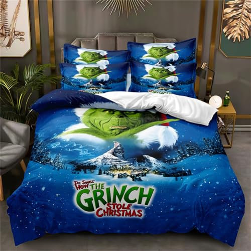 Molinter Bettwäsche Set Weihnachten Grinch Bettbezug mit 2 Kissenbezüge Cartoon Mikrofaser Bettwäscheset Mit Reißverschluss (B, 135 x 200 cm+2 Kissenbezüge 50 x 75 cm)