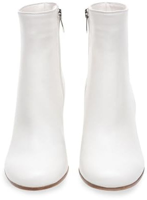 Stivaletti con Punta Tonda per Donna Stivaletti Eleganti Pelle Moda Occidentale Stivaletti Classici Passeggio Slip-on in Tinta Unita Stivali Lavoro con Tacco Grosso Largo,Bianca,37 EU
