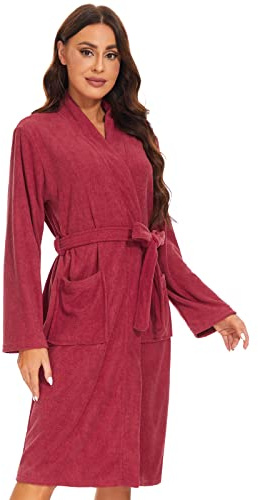 Ymmchy Weicher Bademantel Damen Frottee Morgenmantel Leichte Saunamantel Women Sauna Robe Weinrot L